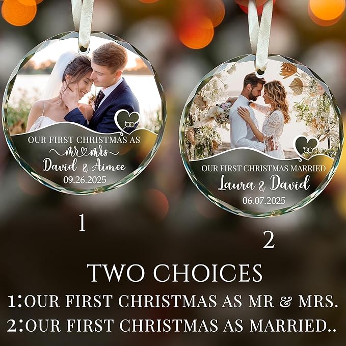 First Christmas Married Ornament 2025 – Custom Mr and Mrs Photo Ornament – Personalized Wedding Gift with Picture Name Date – Couple Glass Keepsake