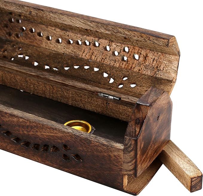 The Wooden Town 12" Hand-Carved Wooden Incense Burner – Gothic Coffin Design, Burnt Finish Ash Catcher for Sticks & Cones – Unique Spiritual & Meditation Gift, Boho Decor