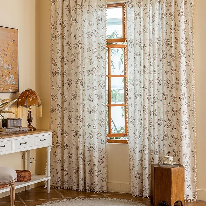 OYX Pink Boho Floral Window Curtains 63 Inch Long 2 Panels, French Vintage Farmhouse Vintage Country Rustic Tassels Printed Drapes for Living Room Bedroom, Rod Pocket Light Filtering Decor Aesthetic