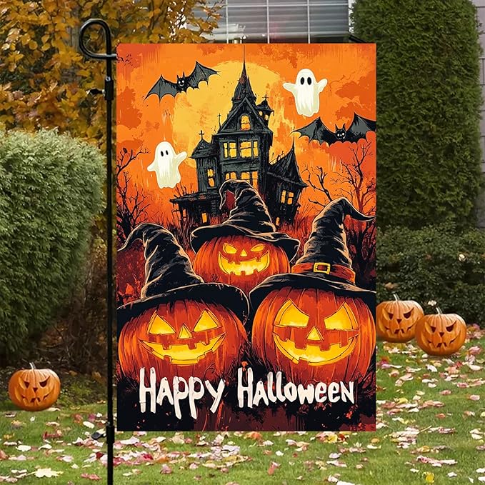 Halloween Garden Flag 12x18 Inch Pumpkin Witch Hat Ghost Bat Haunted House Double Sided Fall Outdoor Halloween Yard Flag Spooky Holiday Banner Porch Lawn Decoration Seasonal Party Decor Sign
