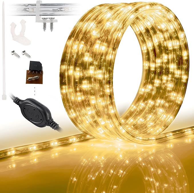 WYZworks 288LEDs, 25ft LED Outside Rope Lights, Waterproof Permanent Outdoor ETL Certified Connectable Clear Tube, Christmas Palm Tree Holiday Decorative Landscape Patio Accent Lighting - Warm White