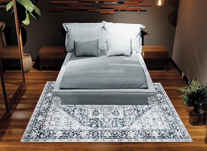 Bloom Rugs Caria Washable Non-Slip 9x12 Rug - Denim Blue Traditional Area Rug for Living Room, Bedroom, Dining Room, and Kitchen - Exact Size: 9' x 12'