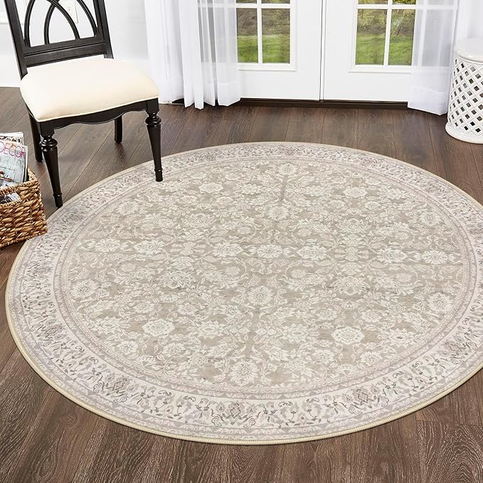 5' Round Rug Washable Rug for Entryway, Cream Beige White Grey Soft Non-Slip Area Rugs Distressed Floral Low-Pile Carpet, Neutral Vintage Circle Rugs for Living Room Dining Bedroom Foyer