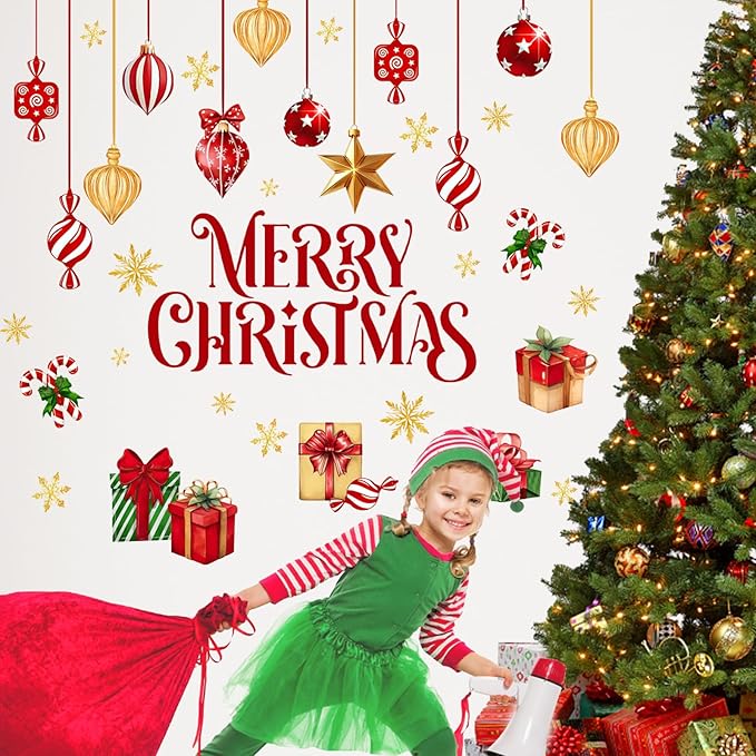 Mfault Merry Christmas Balls Wall Decals Stickers, Xmas Gifts Gold Snowflake Decorations Bedroom Art, Winter Holiday Peppermint Candy Cane Home Kitchen Decor