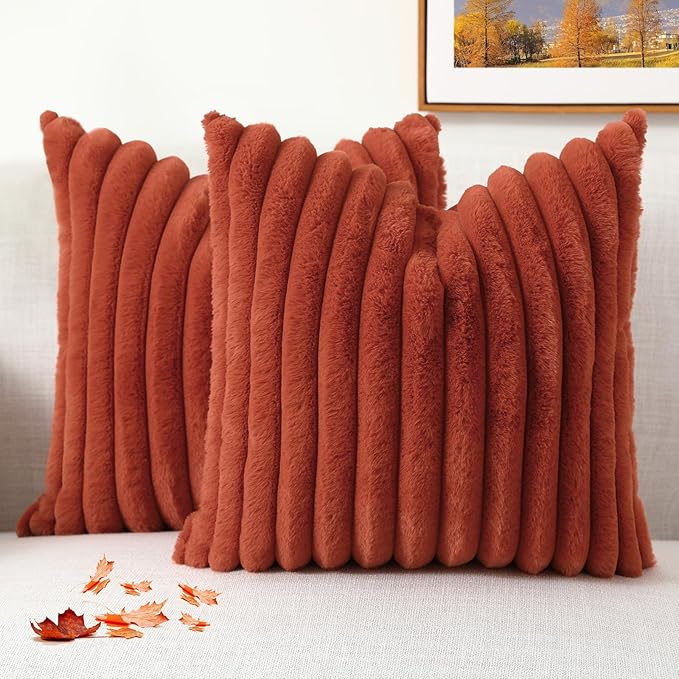 decorUhome Faux Fur Thanksgiving Day Throw Pillow Covers 16x16 Set of 2, Decorative Soft Plush Striped Neutral Couch Euro Pillow Covers with Velvet Back for Sofa, Bed, Living Room Home Decor, Rust