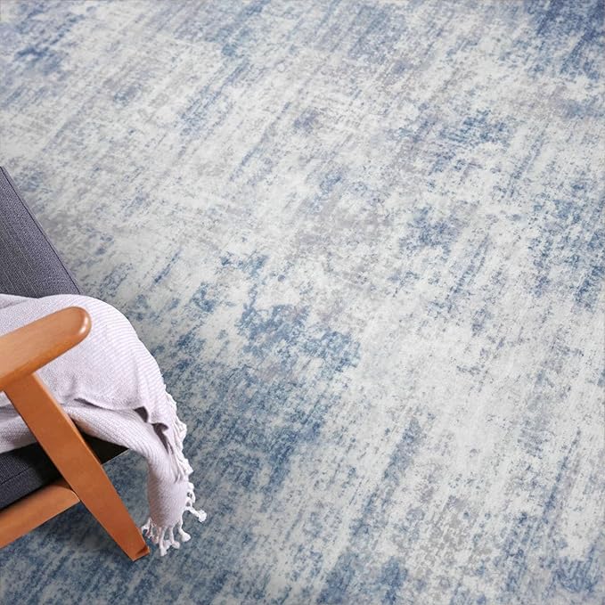 IOHOUZE Abstract Runner Rug 3x14 Ft Washable Runners for Hallways, Non Slip Kitchen Runner Printed Faux Wool Entryway Runner Indoor, Modern Abstract Floor Carpet for Hall Stair, Light Blue White