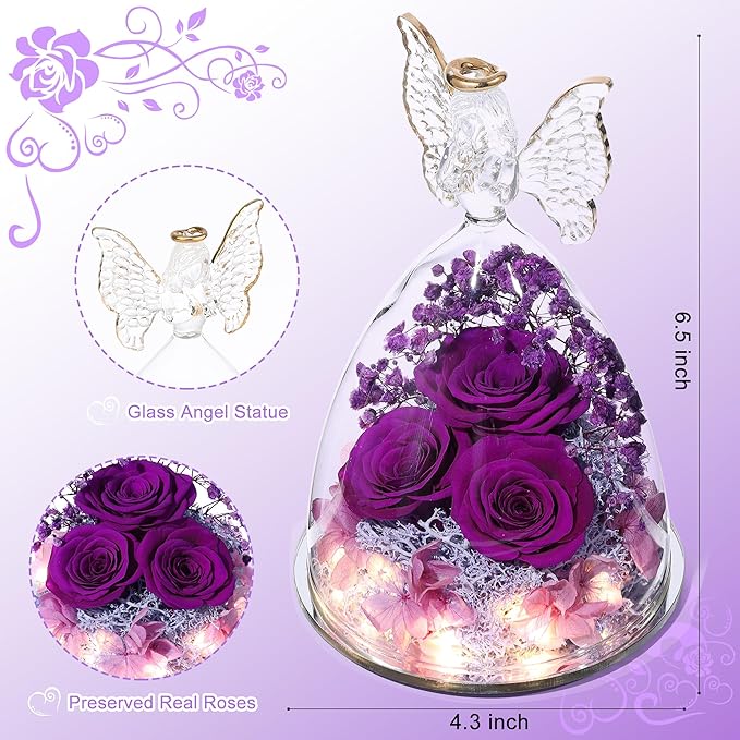 Christmas Rose Gifts for Women Preserved Real Flower in Glass Angel Figurines Roses for Delivery Prime Birthday Gifts for Mom Grandma Girlfriend Wife Her, Full Purple