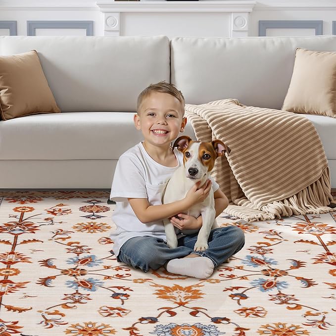 Tangsoo Washable Runner Rug for Hallway Non Slip, 2.6x8 Boho Floral Vintage Carpet Runner Rugs for Entryway, Floor Low Pile Runners for Kitchen Bathroom Laundry Bedroom Alfombra Orange Farmhouse