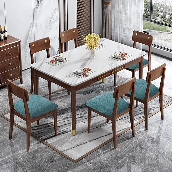 Genina Waterproof Seat Covers for Dining Room Chairs, Stretch Chair Covers Removable Washable Dinning Room Kitchen Chair Seat Cushion Slipcovers (Leaves-Peacock Blue, 6 PCS)