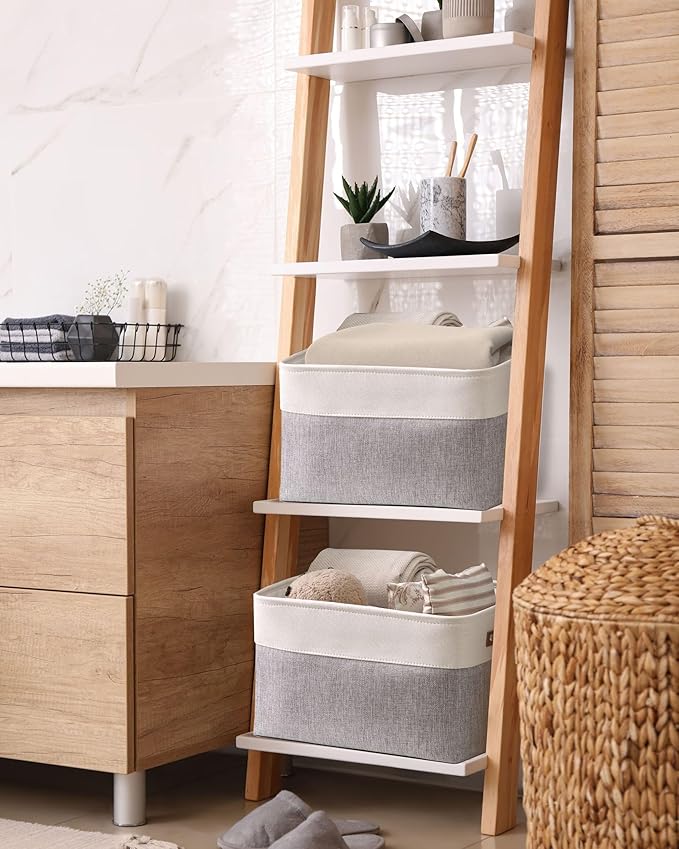 DECOMOMO Fabric Storage Baskets, Linen Closet Organizer Bins with Handles (White, Large - 3 Pack)