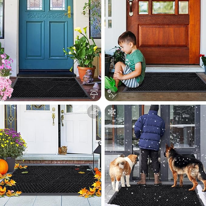 Smiry Front Door Mat Outside Entrance, Heavy Duty Sturdy Natural Rubber Doormat, Trap Dirt and Moisture, Easy Clean Low Profile Mats for Indoor Outdoor Entry, Irregular Triangle (71x34, Black)