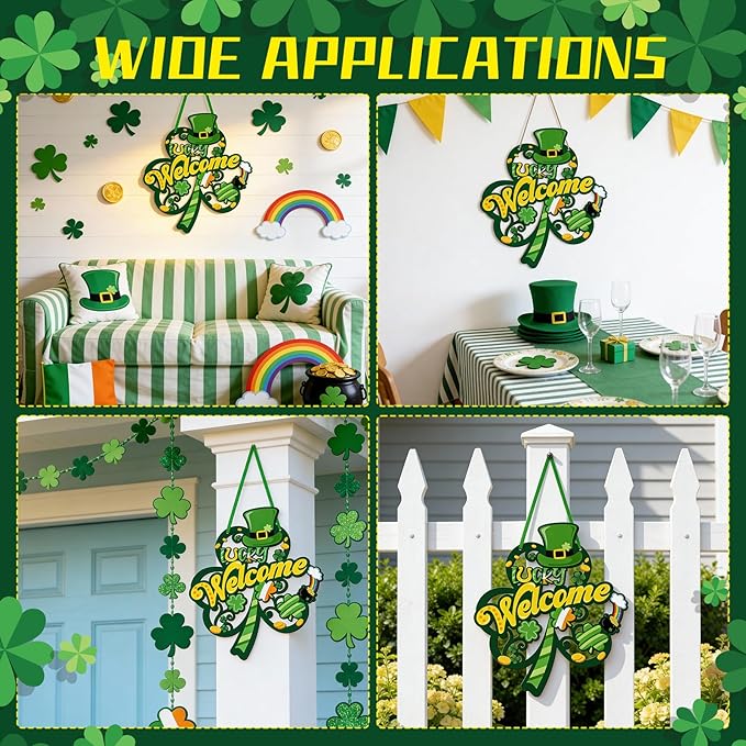 St Patricks Day Wreaths for Front Door - Hollow Wooden Shamrock Wreath, Irish Spring Hanging Welcome Door Sign, Saint Patricks Day Decorations for Holiday Outdoor Indoor Party Wall Home