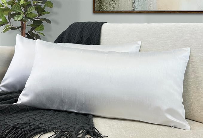 Aiking Home 12x24 Inches Faux Silk Rectangular Throw Pillow Cover, Zipper Closure, White (Set of 2)