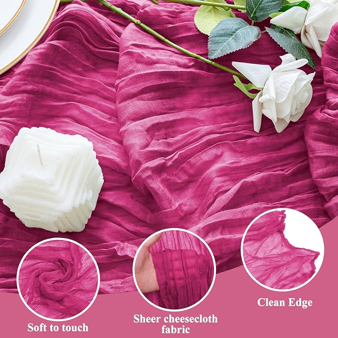 3PCS Table Runner Cheesecloth 10FT Fuchsia Boho Gauze Cheese Cloth Rustic Sheer Table Runners for Wedding Birthday Bridal Baby Shower Party Decoration