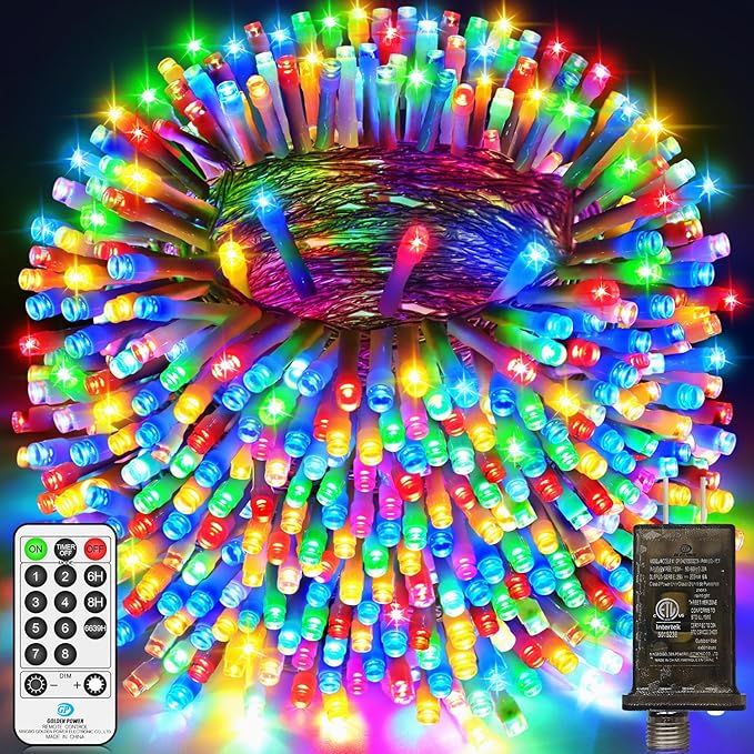 200 FT 500 LED Christmas Lights Outdoor Fairy Lights Plug In Extra Long String Lights Clear Wire Waterproof 8 Modes Timer for Outside House Tree Garden Yard Wedding Party Decorations-Multicolored