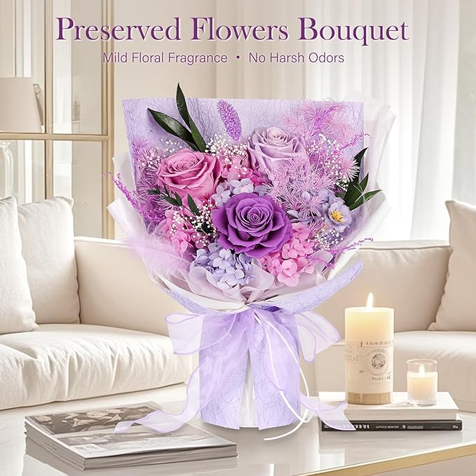 Preserved Bouquet of Flowers - 3 Roses & Flowers for Delivery, Long-Lasting Real Lavender Forever Flowers, Eternal Roses Bouquet for Mothers, Mom, Wife Anniversary Birthday Gifts for Women Grandma