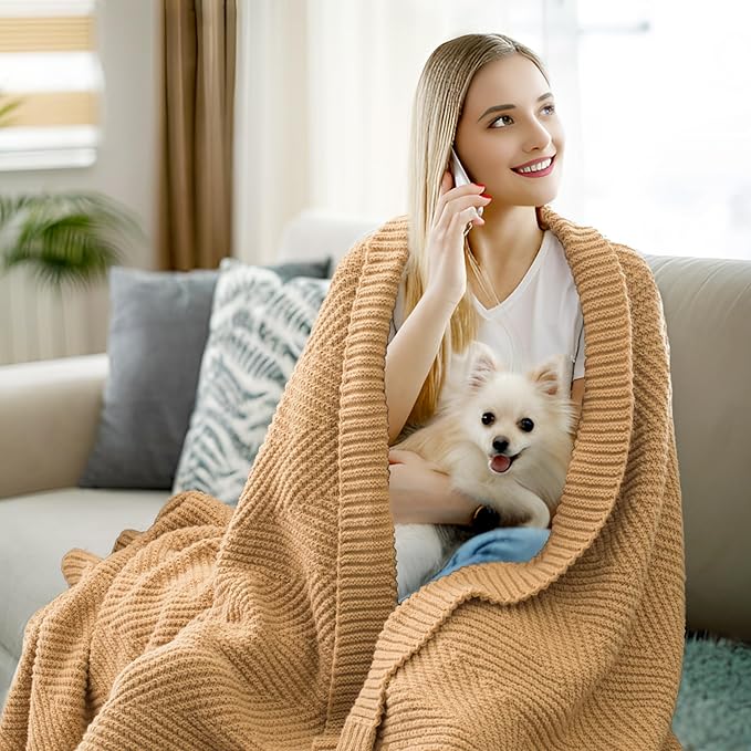 Knitted Throw Blanket 50"X60", Tan Brown Knit Throws for Bed, Super Soft Boho Chevron Blankets for Couch Sofa Chair Room Decor, Textured Decorative Farmhouse Cozy Lightweight