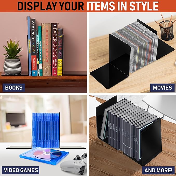 Acrylic Bookends, 2 Pairs of Black Invisible Ends for Shelves, 4mm Heavy-Duty Non-Skid Holders for DVDs, CDs, Video Games, and Books. Stoppers for Home, Office, or Library Organization (Black)