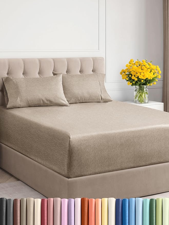 Extra Deep Twin Sheet Set - 4 Piece Breathable and Cooling Sheets - Hotel Luxury Bed Sheets Set - Easy Fit - Soft, Wrinkle Free and Comfy Sheets Set - Heathered Beige Sheet Set with Extra Deep Pockets