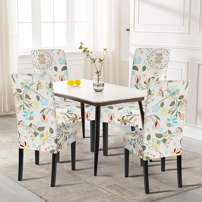SearchI Dining Room Chair Covers Set of 6, Stretch Printed Flower Kitchen Chair Slipcovers Removable Washable Parsons Chair Covers Protector for Dining Room, Hotel, Ceremony (Floral Pattern1)