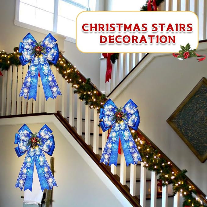 2 Pcs Pre-Light Christmas Decorative Bows for Wreath, 20 X 12” Large Christmas Tree Topper Bow with Bells, Berry, Pine Cones, 40 LED Silver Snowflake Ornament Bow for Indoor/Outdoor- Blue