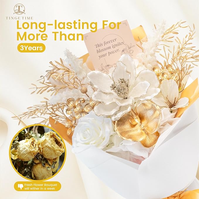 TINGE TIME Preserved Flowers Bouquet, Christmas Faux Rose Bouquets Platinum, Artificial Flowers Poinsettia Faux Flowers, for Christmas Centerpiece Table Home Holiday Party(White & Gold)