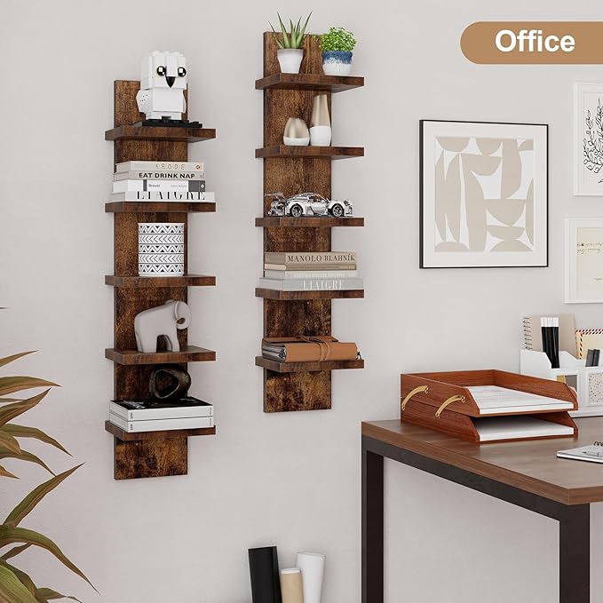 Fun Memories 5 Tier Wall Shelf Unit, Decorative Wall Mount Vertical Shelving, Floating Storage Home Decor Organizer Tall Tower Design Utility Shelving Bedroom Living Room, Brown 2Pack