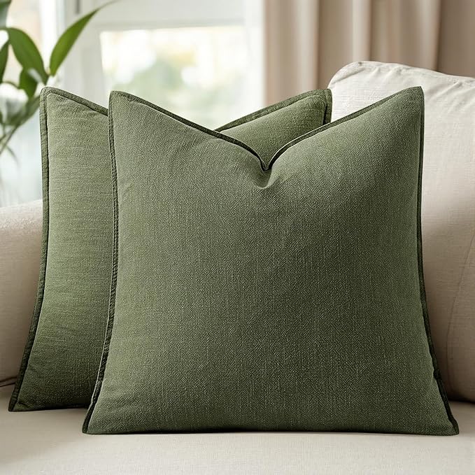 Woaboy 20x20 Inch Set of 2 Decorative Linen Solid Throw Pillow Covers Boho Accent Farmhouse Christmas Pillowcases Modern Netural Home Decor for Couch Sofa Living Room Bed,Dark Olive Green
