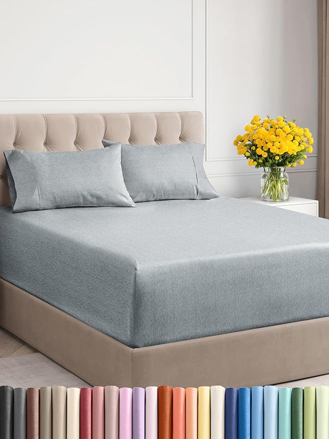 Extra Deep Twin Sheet Set - 4 Piece Breathable and Cooling Sheets - Hotel Luxury Bed Sheets Set - Easy Fit - Soft, Wrinkle Free and Comfy Sheets Set - Heathered Blue Sheet Set with Extra Deep Pockets