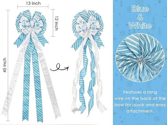HUIHUANG Blue and White Christmas Tree Topper Bow 13 inch x 45 inch Large Christmas Bows Snowflake Velvet Bows for Christmas Tree Ornament, Wreaths, Staircase, Mantel, Home Decor