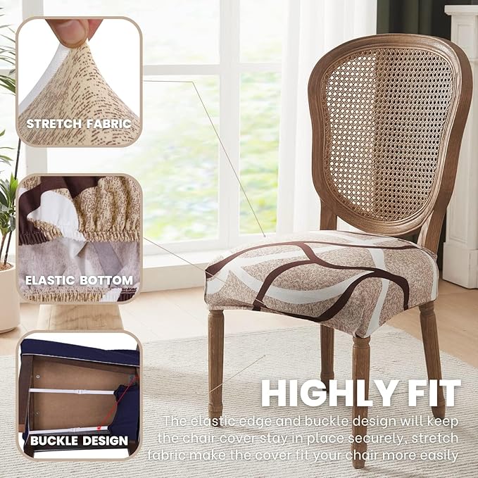 SearchI Stretch Dining Chair Seat Covers Set of 8, Soft Removable Washable Seat Covers for Dining Chairs, Dining Room Seat Cover Slipcover Protector (Rear-Covered, Beige)