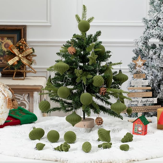 48Pcs Green Velvet Christmas Ornaments Set, Assorted Flocked Christmas Baubles Decorations, Shatterproof Christmas Balls Hanging Decor for Xmas Tree/Home/Party/Holiday (Green)
