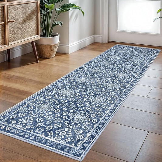 Vintage Washable Runner Rug 2x6, Denim Blue White Runners for hallways, Super Soft Kitchen Runner Rug Non Slip, Printed Faux Wool Thin Carpet Runner for Entryway Porch Laundry Room Bedroom