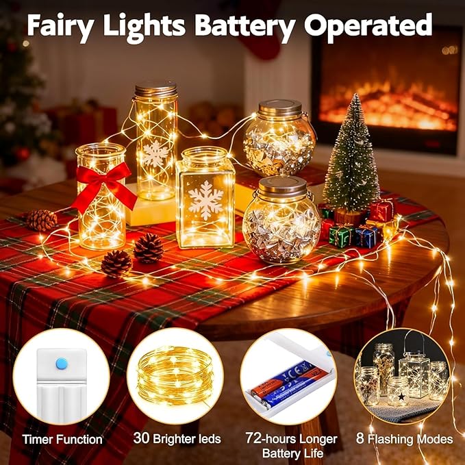 YJFWAL 12 Pack 10ft 30LED Starry String Lights with 8 Modes Timer Function Waterproof Fairy Lights Battery Operated(AAA Batteries Included) for DIY, Wedding, Party, Patio, Garden Decor (Warm White)