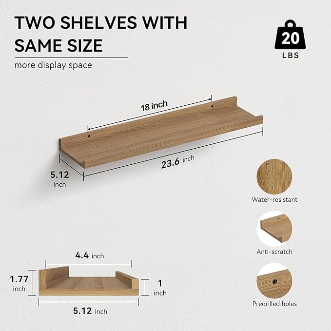 23.6 Inches Long Floating Shelves, 2 Set Modern Wall Shelf for Bedroom, Nursery Book Shelf with Lip, Picture Ledge Shelf for Wall Decor Living Room Bathroom Kitchen - Oak