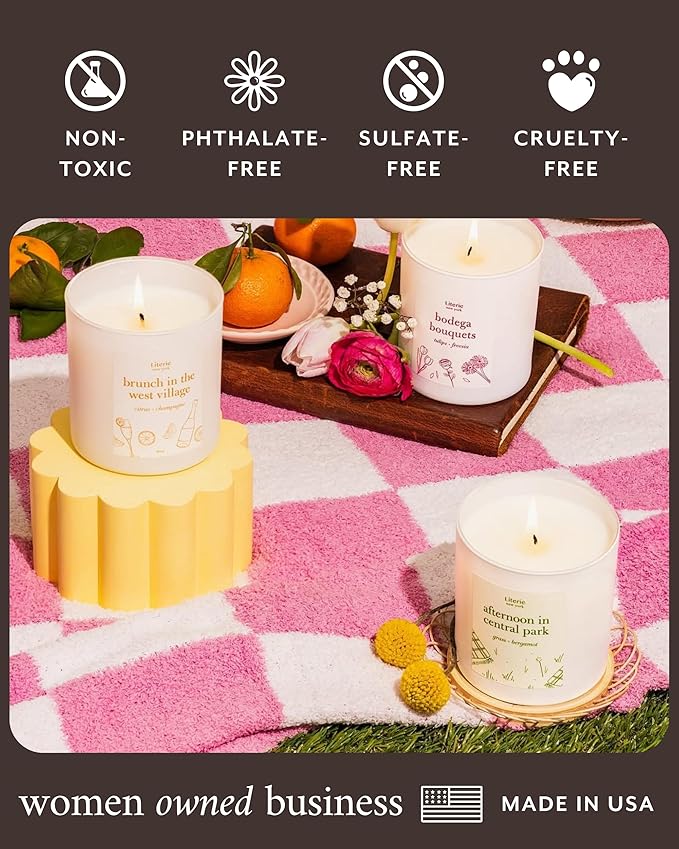 Literie NYC Inspired Scented Candle: Brunch in The West Village - Citrus & Champagne, 9oz, 50 Hour Burn, Vegan Soy & Coconut Blend Candle for Home Decor, Gift for Women & Men