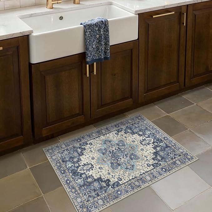 Area Rug 2x3 Doormat, Machine Washable Low Pile Vintage Rugs, Small Lightweight Rug Entryway Indoor Mat for Entrance, Hallway, Kitchen and Corridor, Center Blue