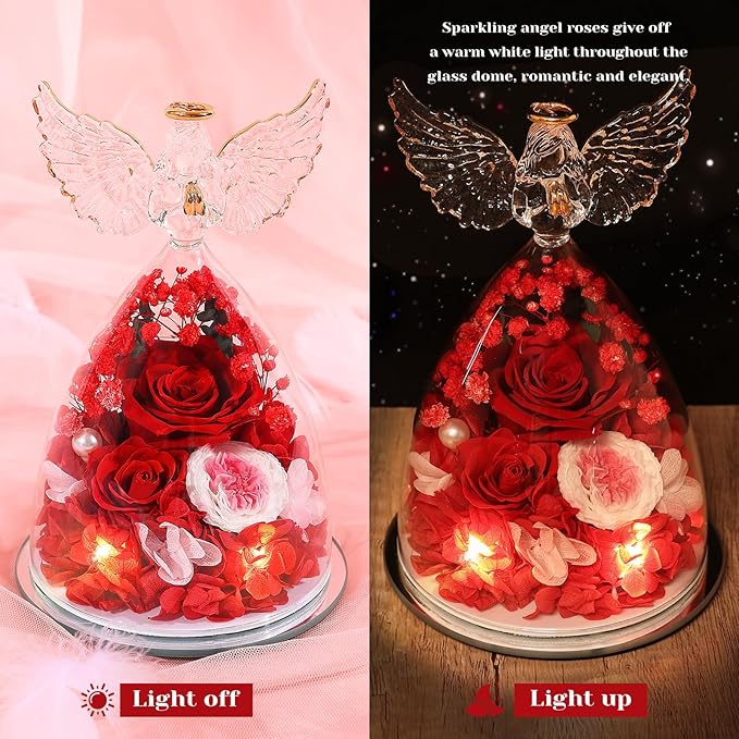 FIACO Gifts for Women Preserved Rose Forever Flower in Glass Angel Figurine Fresh Flowers for Delivery Mothers Day Birthday Gifts for Mom Grandma Wife Sister Red