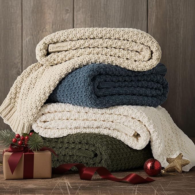 EVERGRACEHOME Chunky Chenille Knit Throw Blanket for Couch, Soft Luxurious Moss Stitch Blankets for Bed, Cozy Decorative Farmhouse Knitted Throws for Sofa, Beige, 50" x 60"