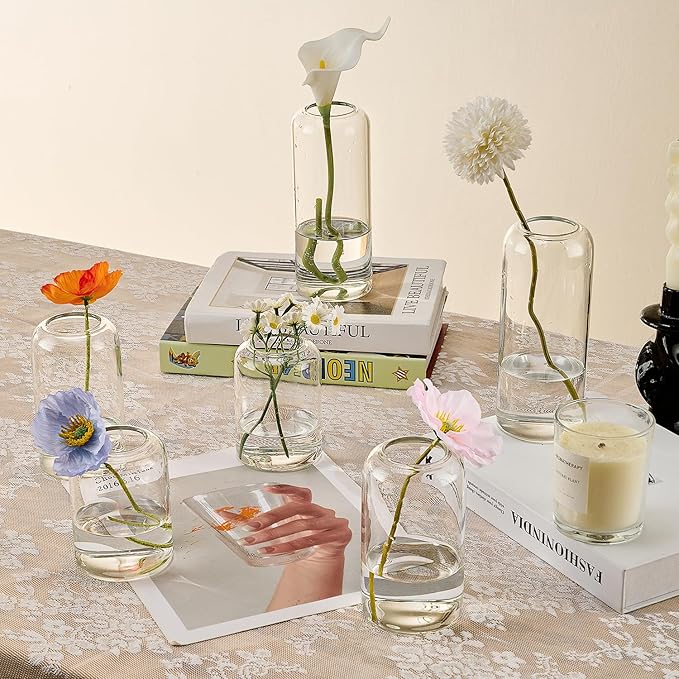 Glass Bud Vases Set of 24 Clear Flower Vase for Centerpieces Shelf, 3.9'' 4.9'' 6.7'' Modern Small Vases for Living Room Bedroom Office Home, Decor for Wedding House Warming Party