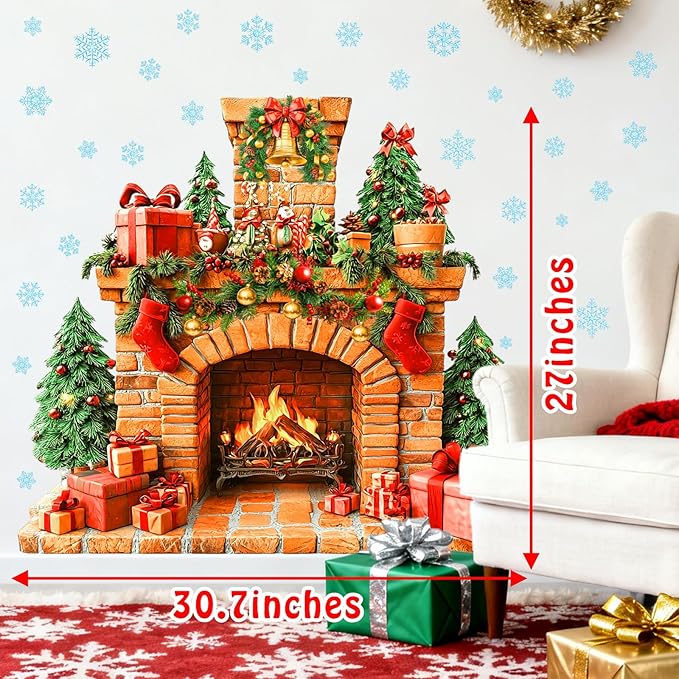 Large Fireplace Wall Stickers Removable Christmas Wall Decals Peel and Stick Fireplace Mural Sticker Winter Tree Snowflake Holiday Decorations for Walls Xmas Fire Flame Decal Party Decor