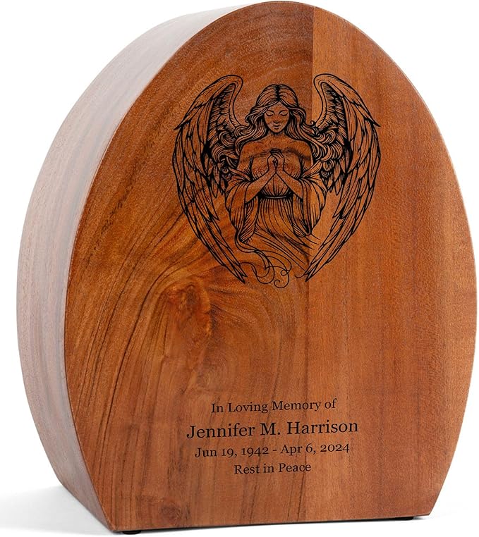 Custom Angel Praying Cremation Urn for Adult Ashes - 250 Cubic Inches - Extra Large Wooden Memorial Casket - Engraveable, Personalized Decorative Urns
