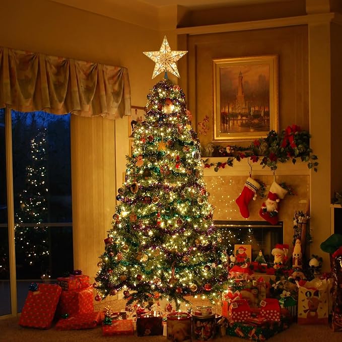 Christmas Star Tree Topper, 9.5 in Plug in Golden Glittered 3D Star Tree Topper, Metal Hollow Designed Built-in 10 Bulbs String Lights for Indoor Office Christmas New Year Holiday Tree Decoration