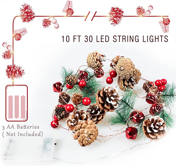 Christmas Decorations Indoor-10FT Enchanting Christmas Garland with 30 LED Lights Battery Operated-Realistic Red Berries & Pine Cones Decor for Tree,Fireplace Mantel,Indoor Holiday Home Decor