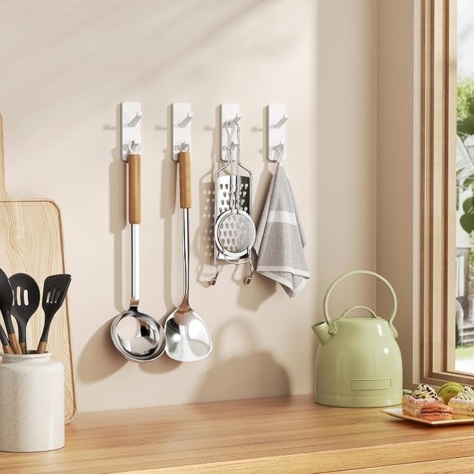 Self Adhesive Wall Hooks for Hanging, 13LB Heavy Duty Stick On Hooks for Coats and Towels, Bathroom Door Towel Hooks, White, 6 Pack