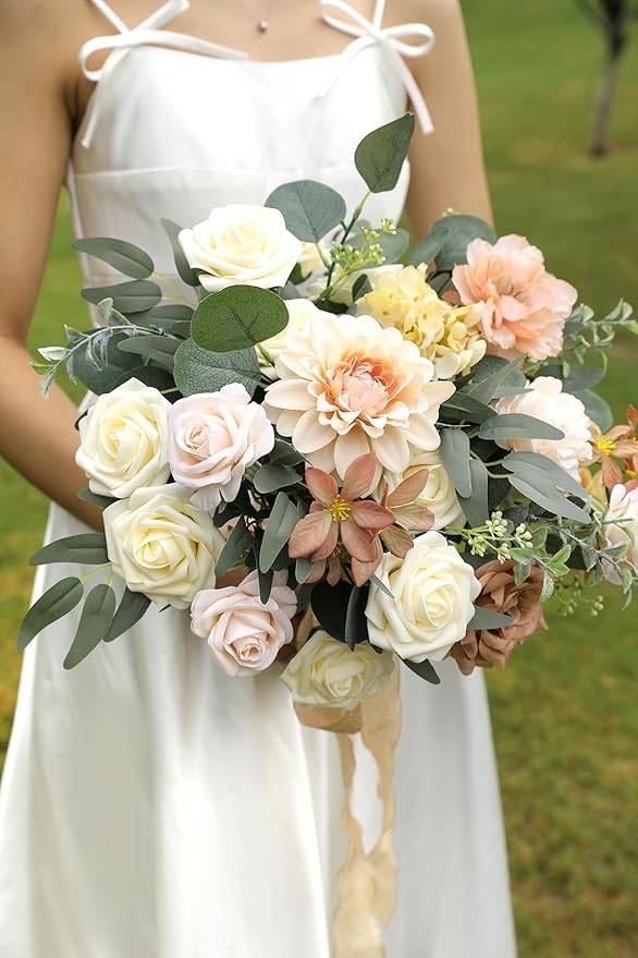 Nude Color Artificial Flowers Set - Fake Roses, Peonies, Dahlia, Silk Flowers with Stems for DIY Wedding Bouquets,Floral Arrangement,Table Centerpieces,Baby Shower, Home Decor