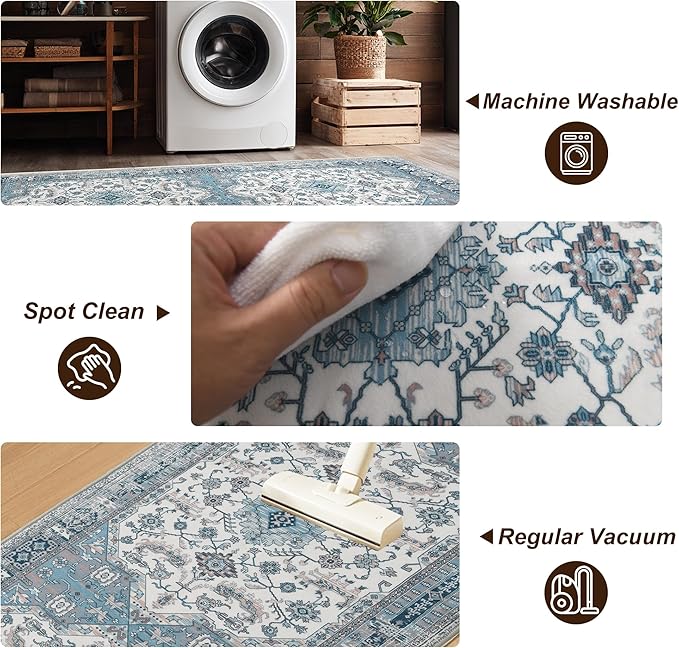 XWZO Runner Rug 2x6ft, Washable Hallway Runner with Non-Slip Backing, Vintage Spill Stain Resistant Floor Mat for Entryway Corridor Bedroom Kitchen, Soft Low-Pile Area Carpet, Blue
