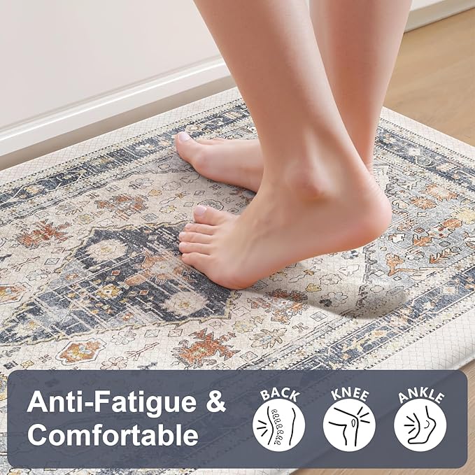 Collive Farmhouse Anti Fatigue Kitchen Mat, Cushioned Kitchen Rug Sets of 2 Waterproof Non Slip Kitchen Floor Mats Ergonomic Comfort Standing Mat for Laundry, Office, Sink, Desk, Blue/Multi
