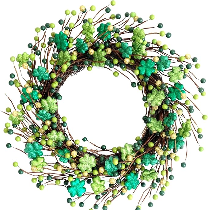 Bibelot ST Patrick’s Day Green Glitter Leaves Wreath, Spring Holiday Party Shamrock Clover Leaf Wreath for Front Door, Green Decoration for Inside and Outside Use