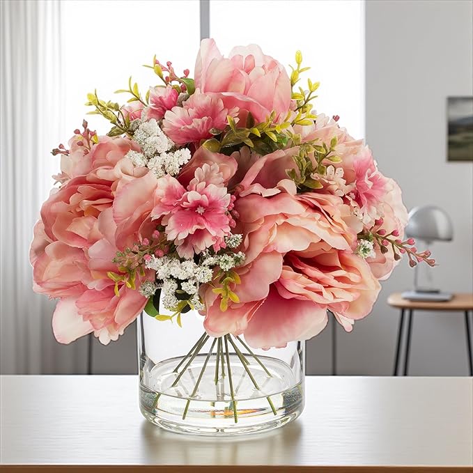 ENOVA FLORAL Artificial Silk Flower Arrangement with Vase,Mixed Artificial Silk Peony Flower in Vase for Decoration Home Office, Wedding Centerpiece (Champagne)